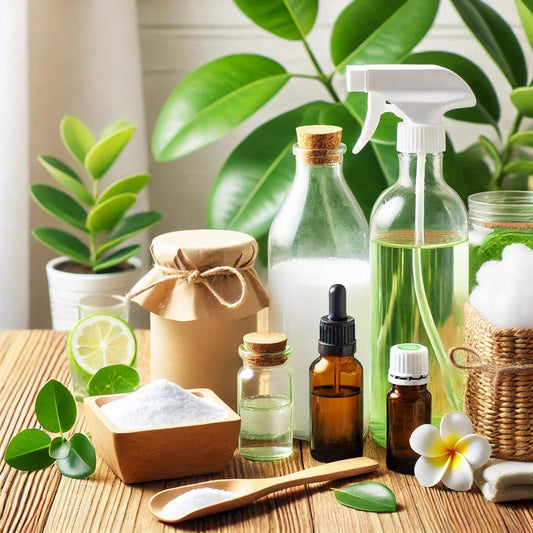 Produse de curățenie ecologice, inclusiv bicarbonat de sodiu, oțet și uleiuri esențiale, aranjate pe un blat de lemn într-un mediu proaspăt și prietenos cu natura.