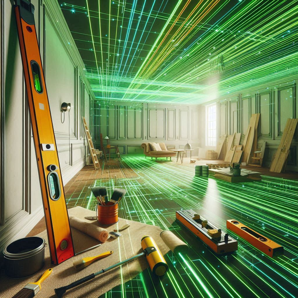 Nivelă laser proiectând o linie precisă pe un perete într-un șantier de construcție, evidențiind utilizarea avansată a tehnologiei pentru alinierea exactă a suprafețelor.